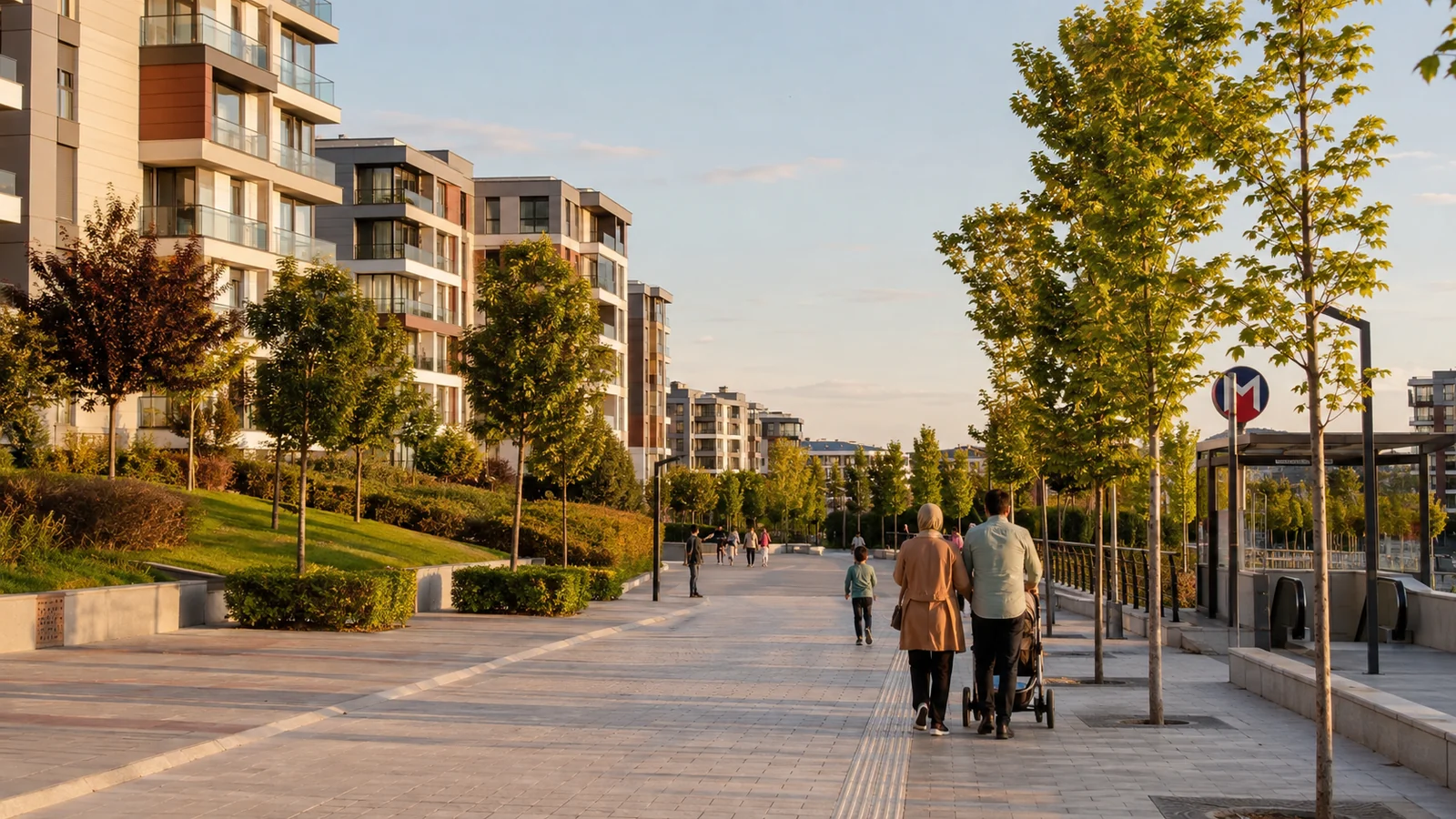 Başakşehir’de modern konutların yanında yürüyen aileler ve yeşil alanlar