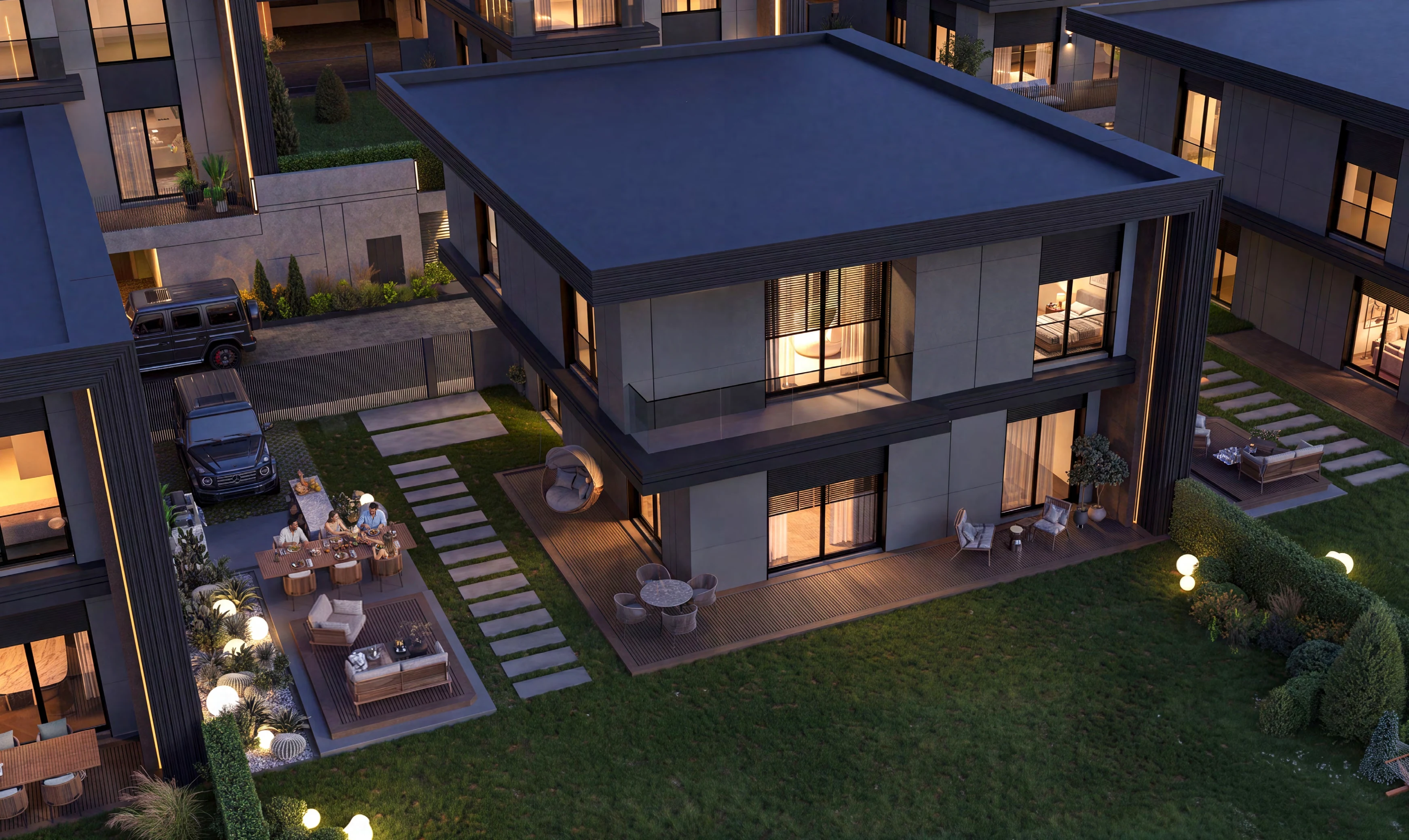 Tane Villas peyzajlı özel bahçe ve villa gece görünümü
